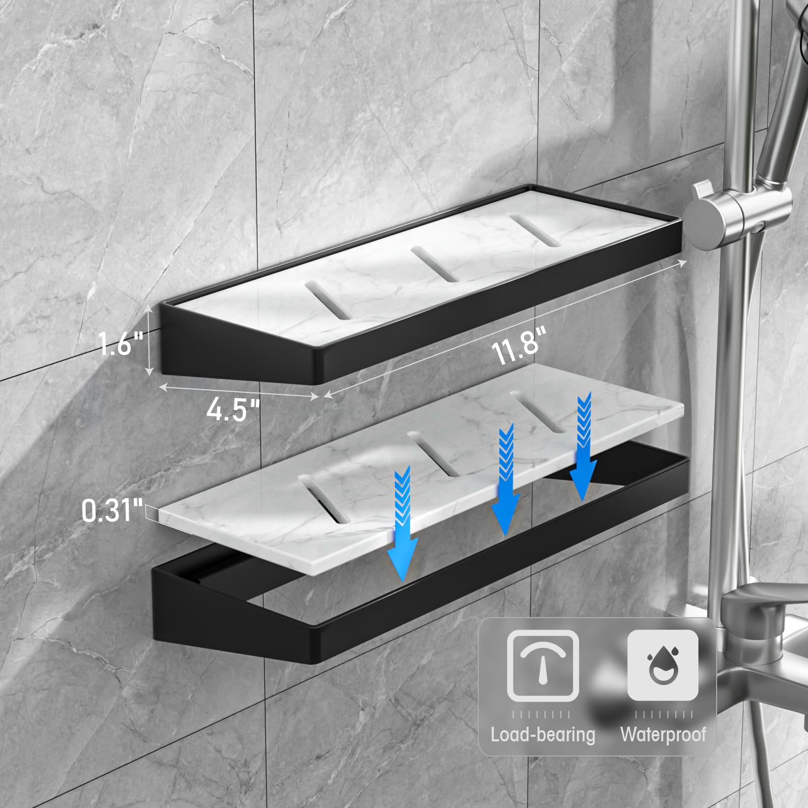 ASTOFLI Luxury Black Marble Shower Caddy Shower Shelves, Drill-Free Black Shower Organizer for Bathroom, Kitchen & Parlor, Elegant Black Shower Rack & Shelf, 2-Pack