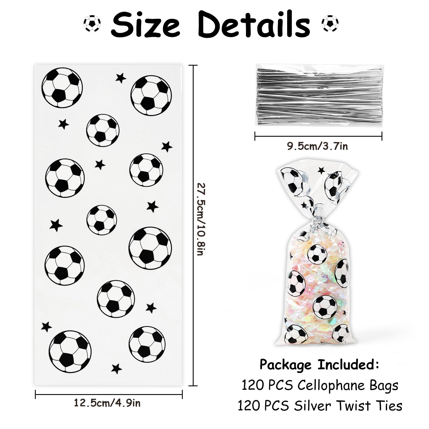 NEPOG Soccer Cellophane Treat Bags, 120 Pieces Soccer Goodie Bags Football Treat Bags Party Favors Clear Candy Cello Bags with Sliver Twist Ties for Soccer Birthday Party Favors Supplies