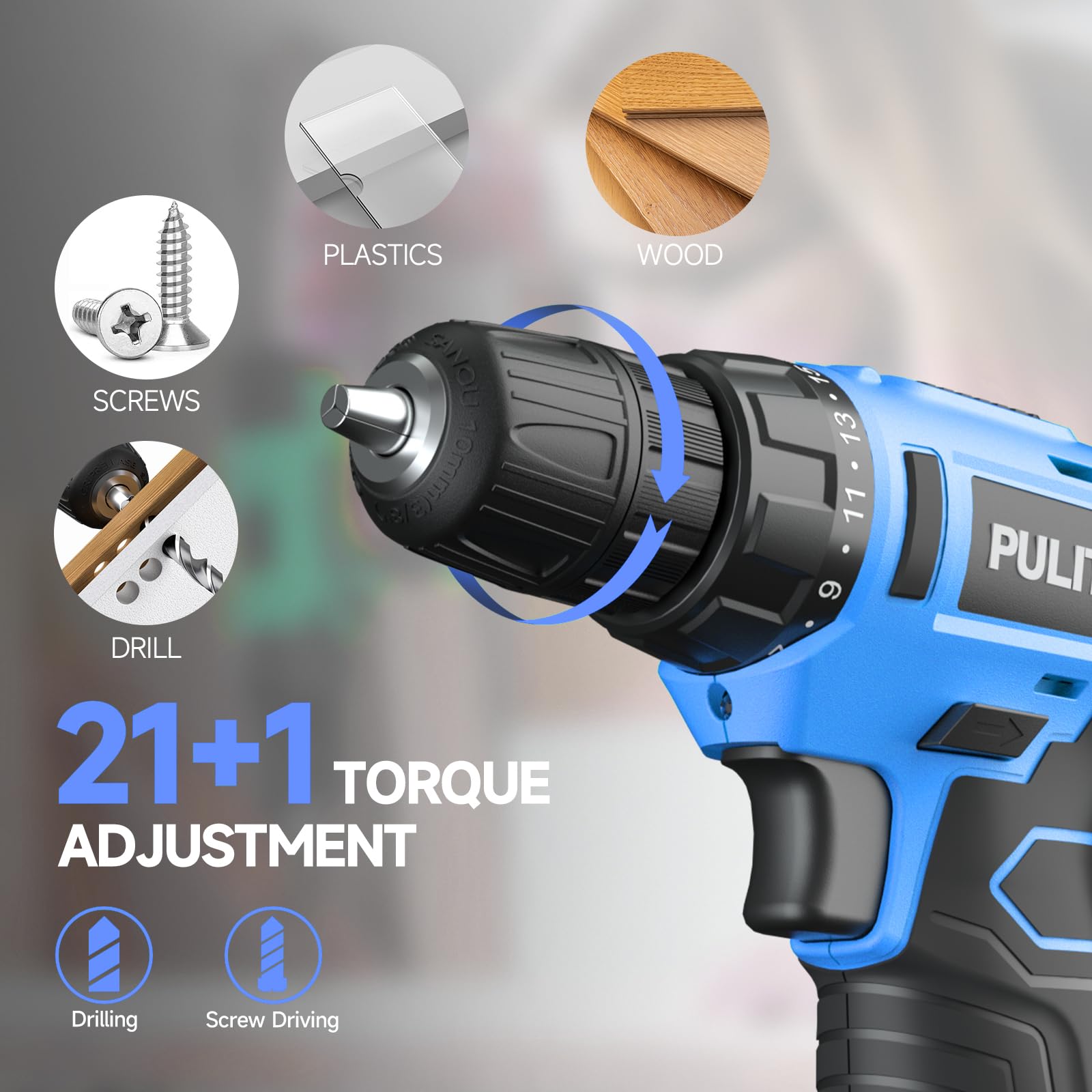 PULITUO 12V Blue Cordless Drill Set Power Drill Kit with Battery and Charger,electric drill home improvement,3/8-Inch Keyless Chuck,Built-in LED,21+1 Torque Setting small drill