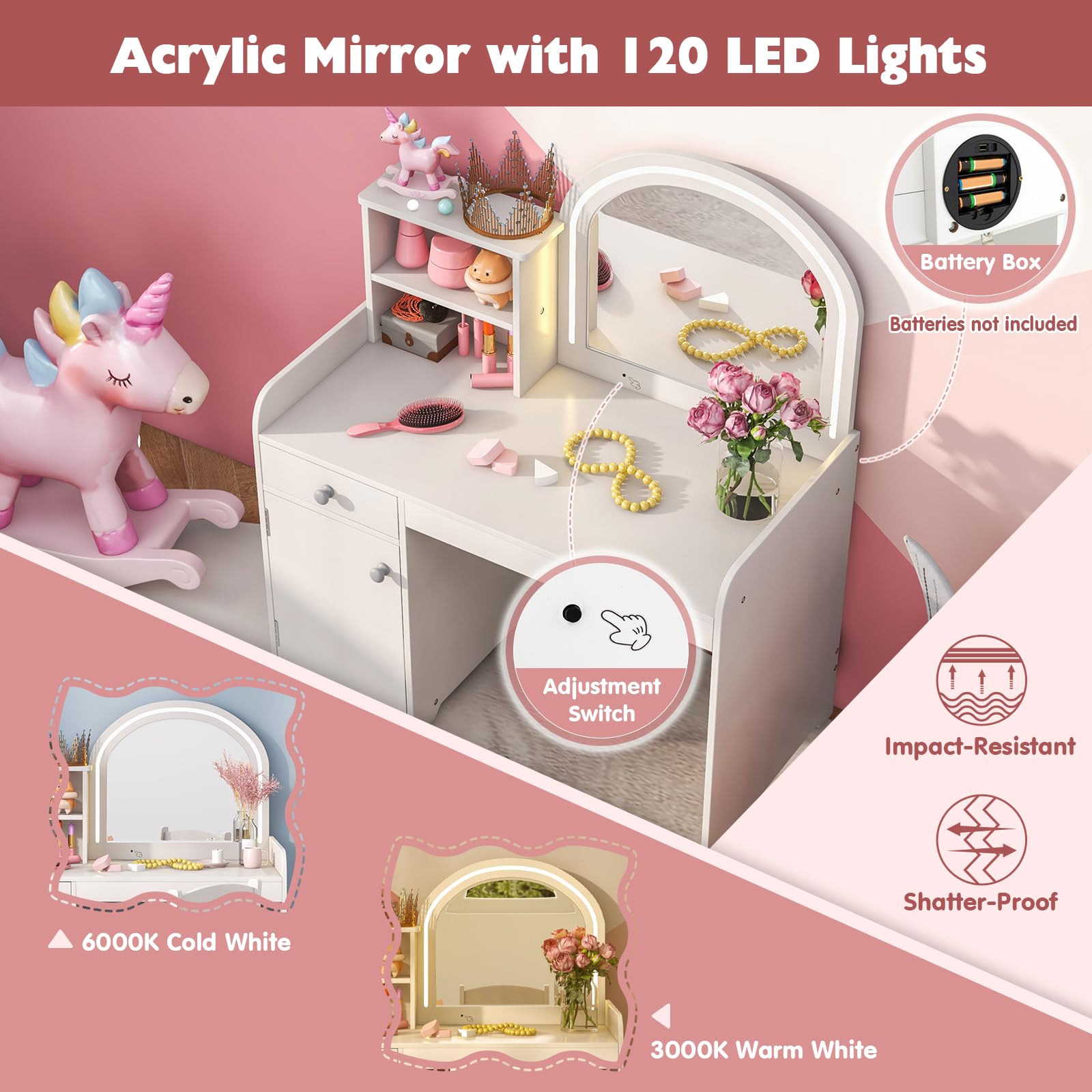 GOFLAME Kids Vanity Set with Lighted Mirror, Toddler Makeup Dressing Princess Table & Chair Set with Shelves, Drawer & Cabinet, Pretend Play Vanity Set with Mirror and 2-Color LED Lights, White