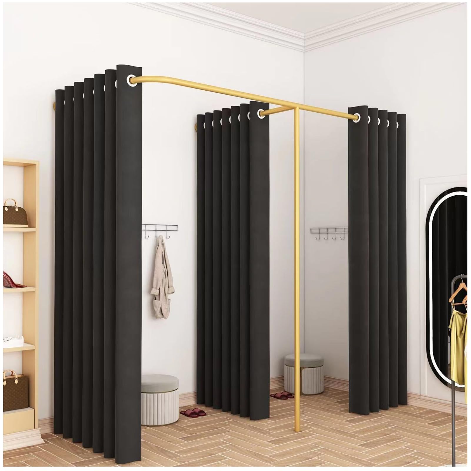 Double Fitting Room for Two, F-Shape Changing Rooms Divider with 3 Shading Curtains Privacy Protection Dressing Room for Boutiques, Clothing Store Corner Changing Room (Black)