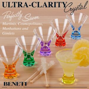 Beneti Martini Glasses | Made In Europe | Stemless Cocktail Bar Drinking Glassware Set for Parties (6 Pack - 8 oz - Multi Colored)