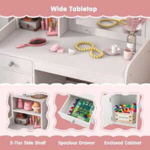 GOFLAME Kids Vanity Set with Lighted Mirror, Toddler Makeup Dressing Princess Table & Chair Set with Shelves, Drawer & Cabinet, Pretend Play Vanity Set with Mirror and 2-Color LED Lights, White