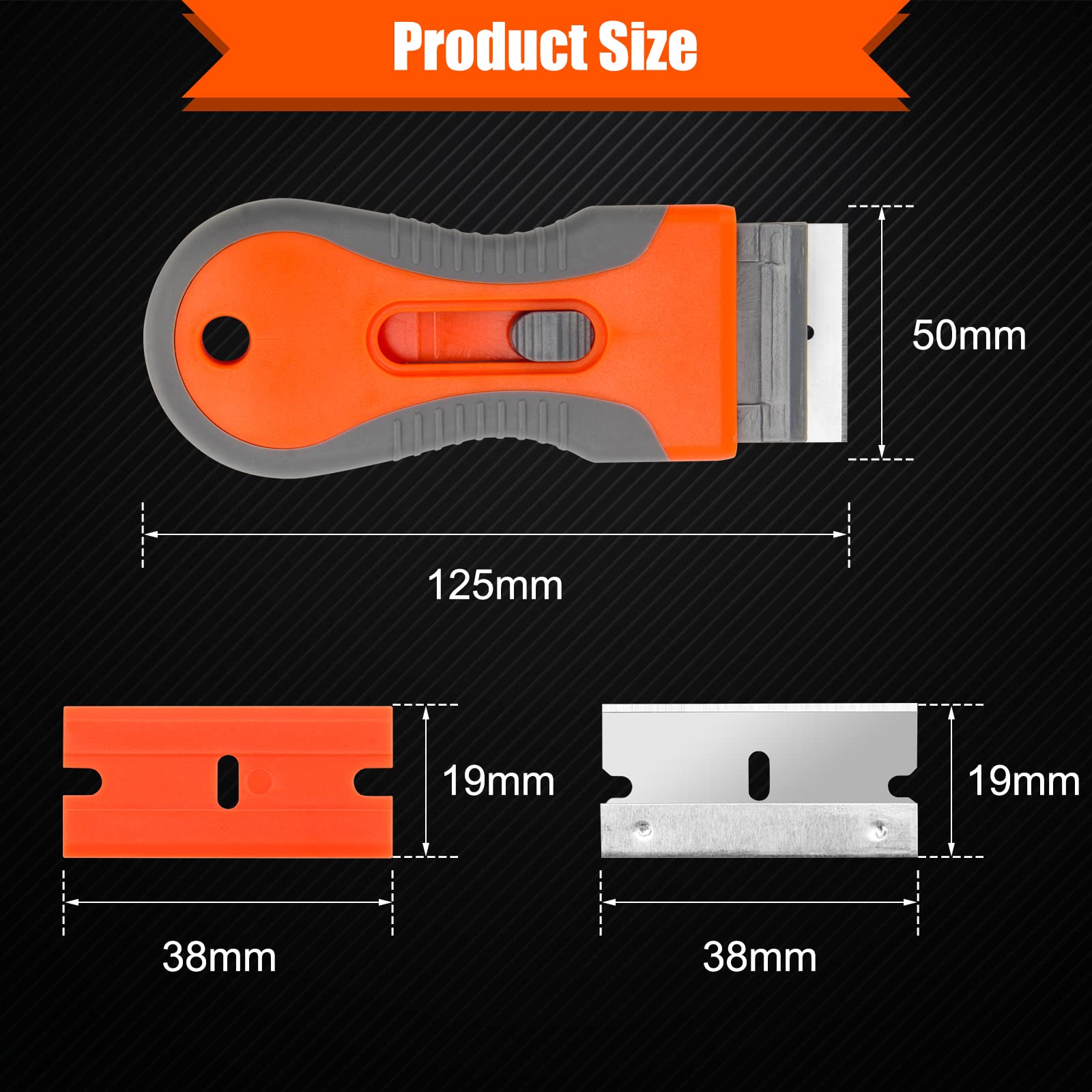 2 PCS Razor Blade Scraper, Glass Scraper Scraping Tool with 20PCS Steel & Plastic Extra Blades for Removing Stickers, Papers, Food Residue, Paint, Glue from Oven, Window (Orange)