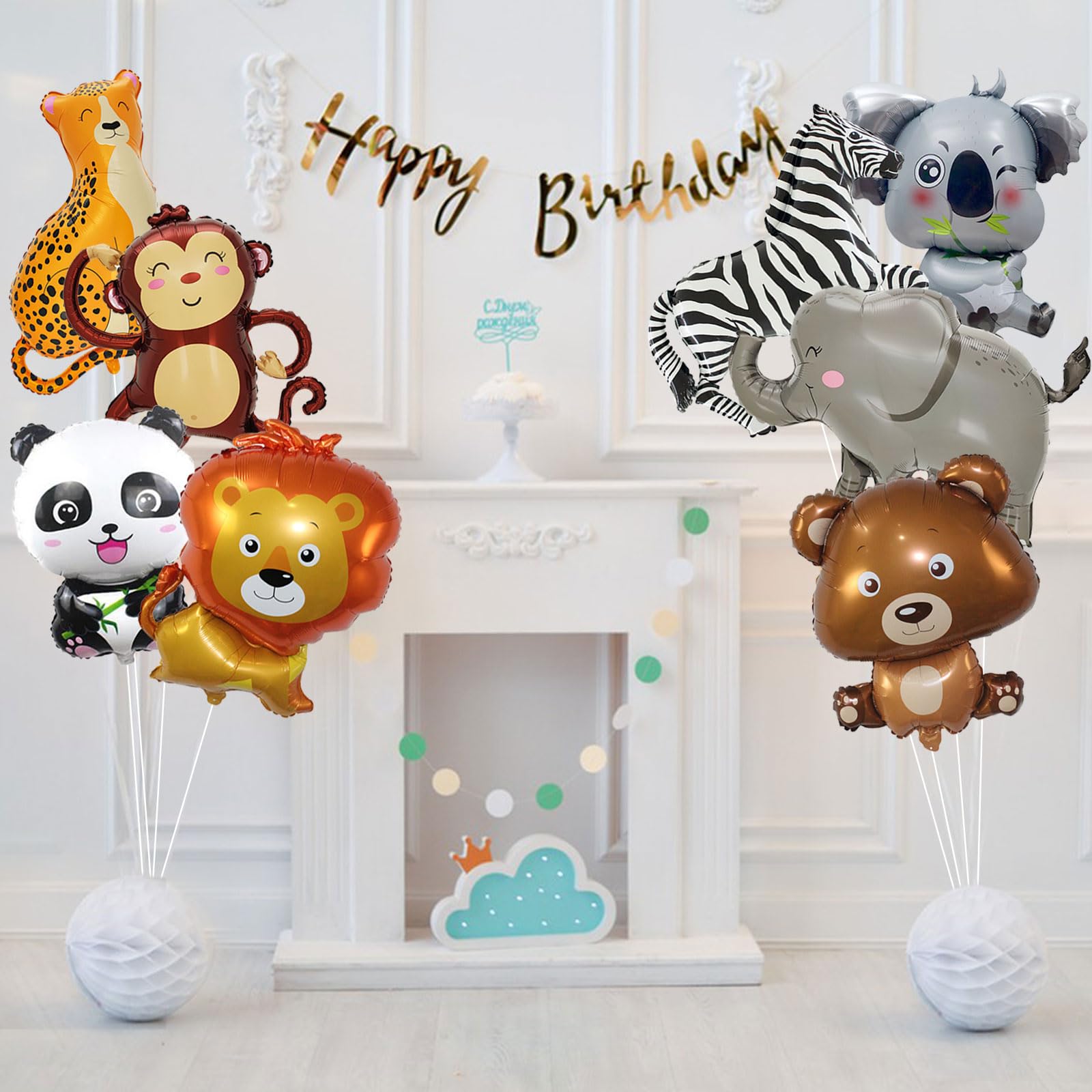 8 Pcs Safari Animal Balloons Jungle Safari Birthday Party Decorations Giant Elephant Lion Monkey Panda Zebra Animal Foil Balloons Safari Balloons for Boys Wild One Baby Shower Zoo Party Decorations