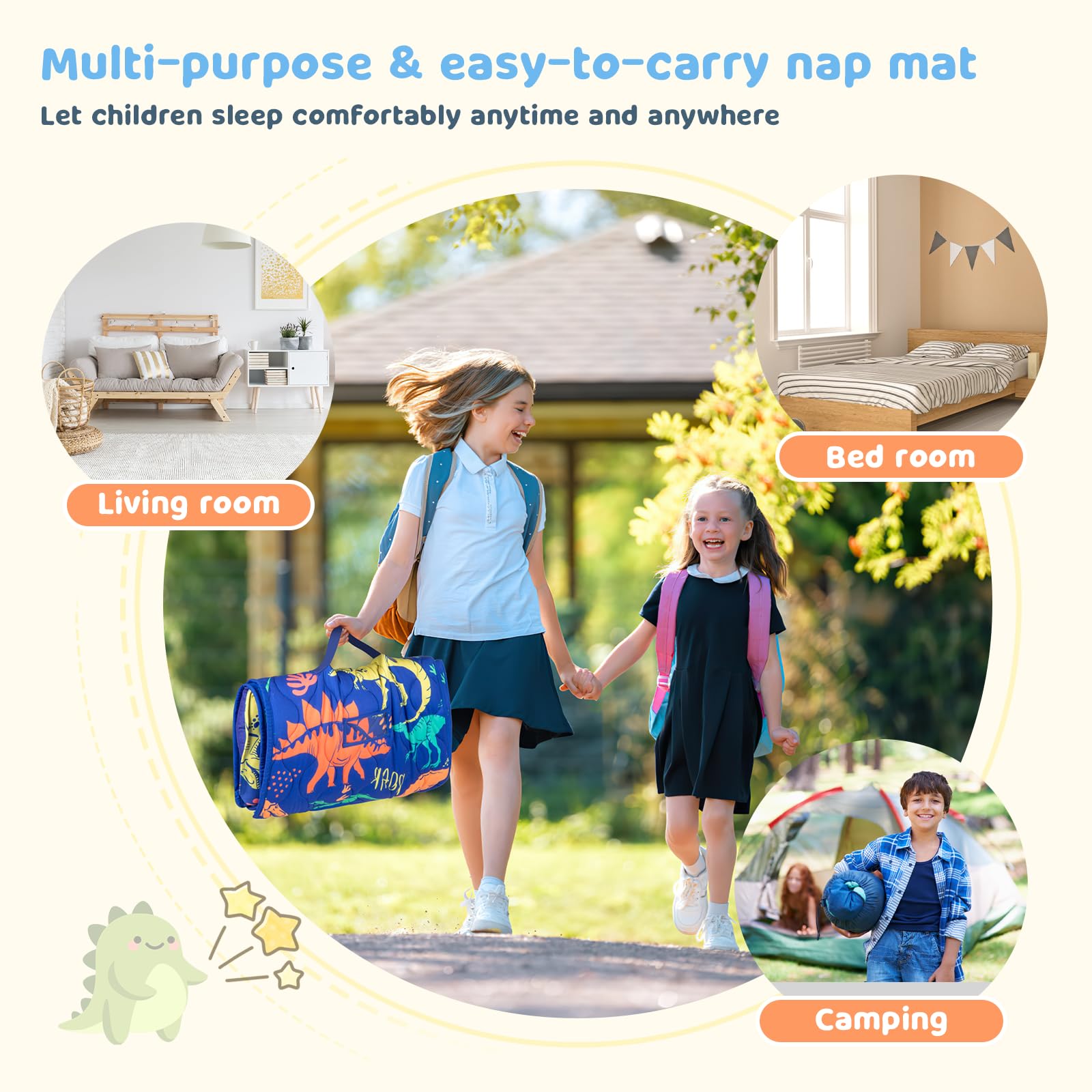 Toddler Nap Mat Extra Large 55‘’*29‘’ for 2-7 Years, Cotton Daycare Nap Mats with Removable Minky Blanket and Pillow, Boys Sleeping Mat Nap Mat for Preschool Kindergarten, Sleeping Bag Blue Dinosaur