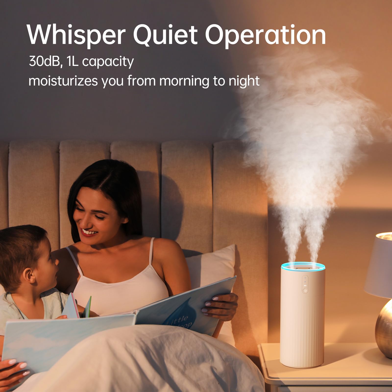 JISULIFE Humidifiers for Bedroom, Dual Mist Ports 3 Speeds Small Humidifier, Rechargeable Desk Portable Humidifier 8000mAh with Light, Auto Shut-Off, Cool Mist Humidifiers for Baby/Nursery/Plant White