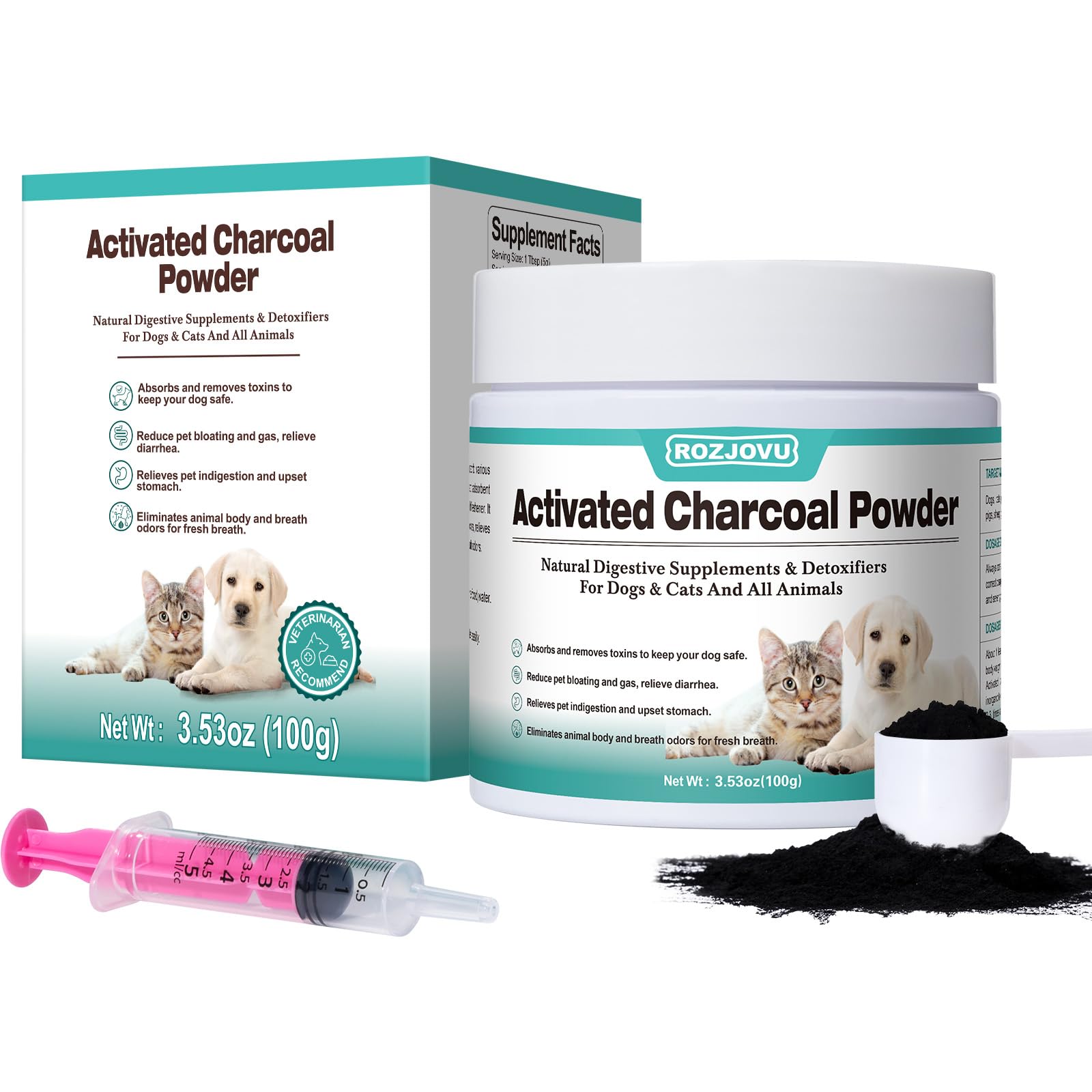 Activated Charcoal for Dogs, Cats, and All Pets, Charcoal for Dogs Poisoning, Digestive Health, Gas & Liver Support, Non-GMO, Gluten Free,3.53oz(Powder)