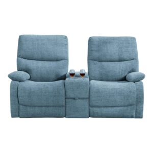 PALLOME Loveseat Recliner Sofa, Reclining Couch, Manual Recliner Loveseat with Console, Double Recliner RV Sofa with Cup Holders and Side Pocket for Living Room/Office/Apartment (Fabric-Blue)