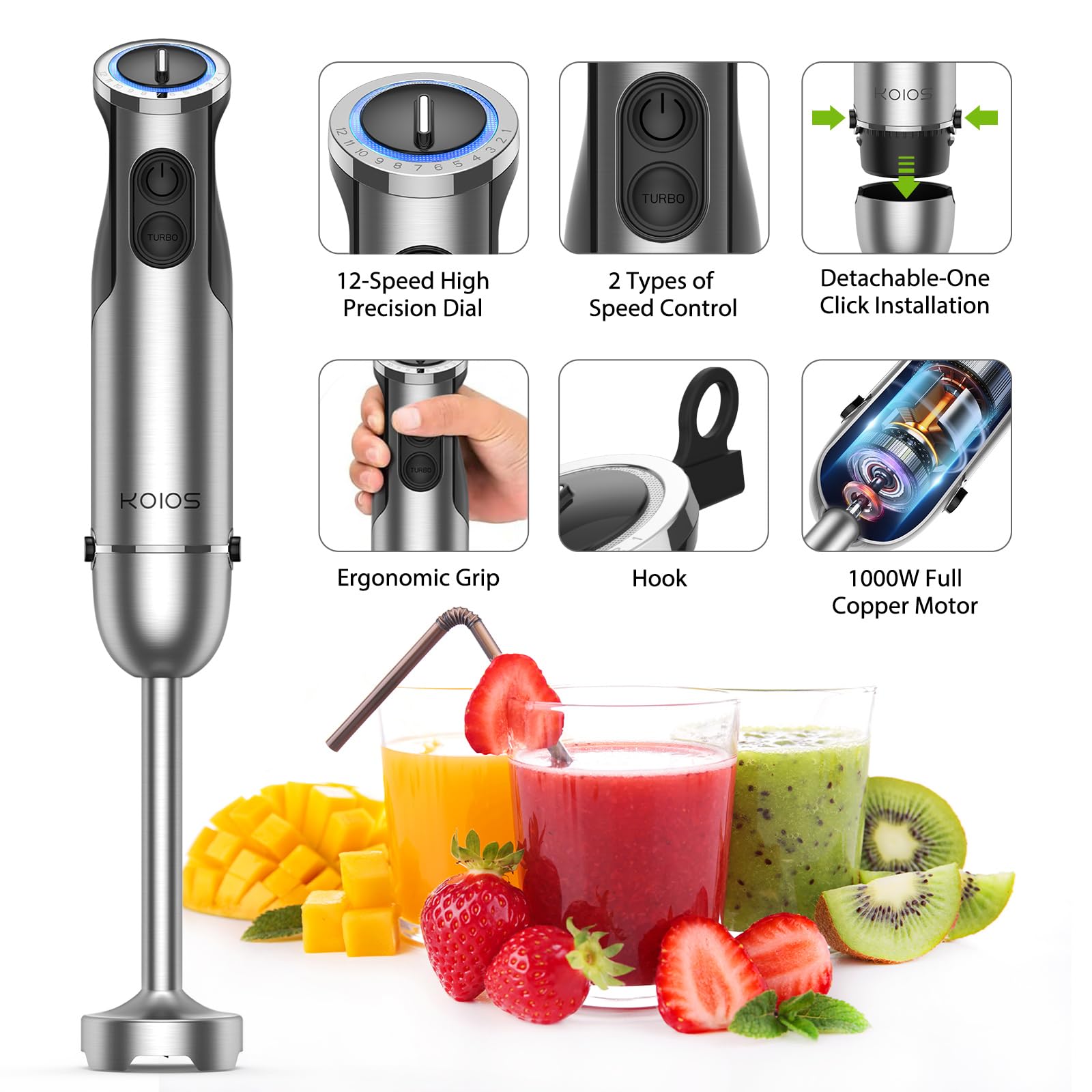 KOIOS Immersion Hand Blender, 5-in-1 Hand Blender with Entire Stainless Steel Blender Shaft, Full Copper Motor, Built in 12 Speed Turbo Stick Blender, Handheld blender for Baby food, Smoothies, Soups