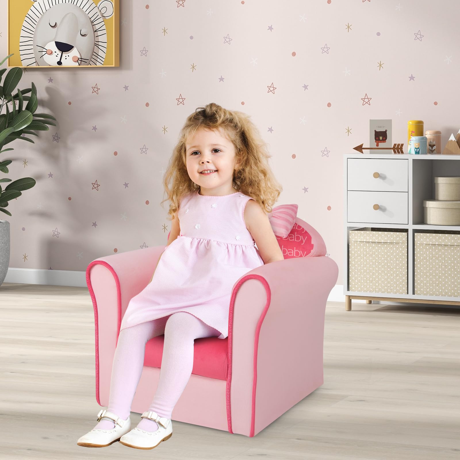 Costzon Kids Pink Couch, Children's Sofa Upholstered Armchair with Velvet Surface & High-Density Sponge, Lightweight Preschool Toddler Chair for Boys Girls Aged 1-3, Bedroom Playroom Gift Presents