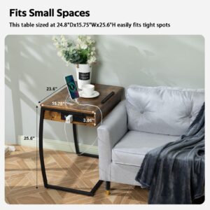 Hadulcet C Table End Table with Charging Station, TV Tray Table, Couch Tables That Slide Under, C Shaped Side Table with Storage, Laptop Stand for Couch, Small Table Couch Desk for Small Spaces