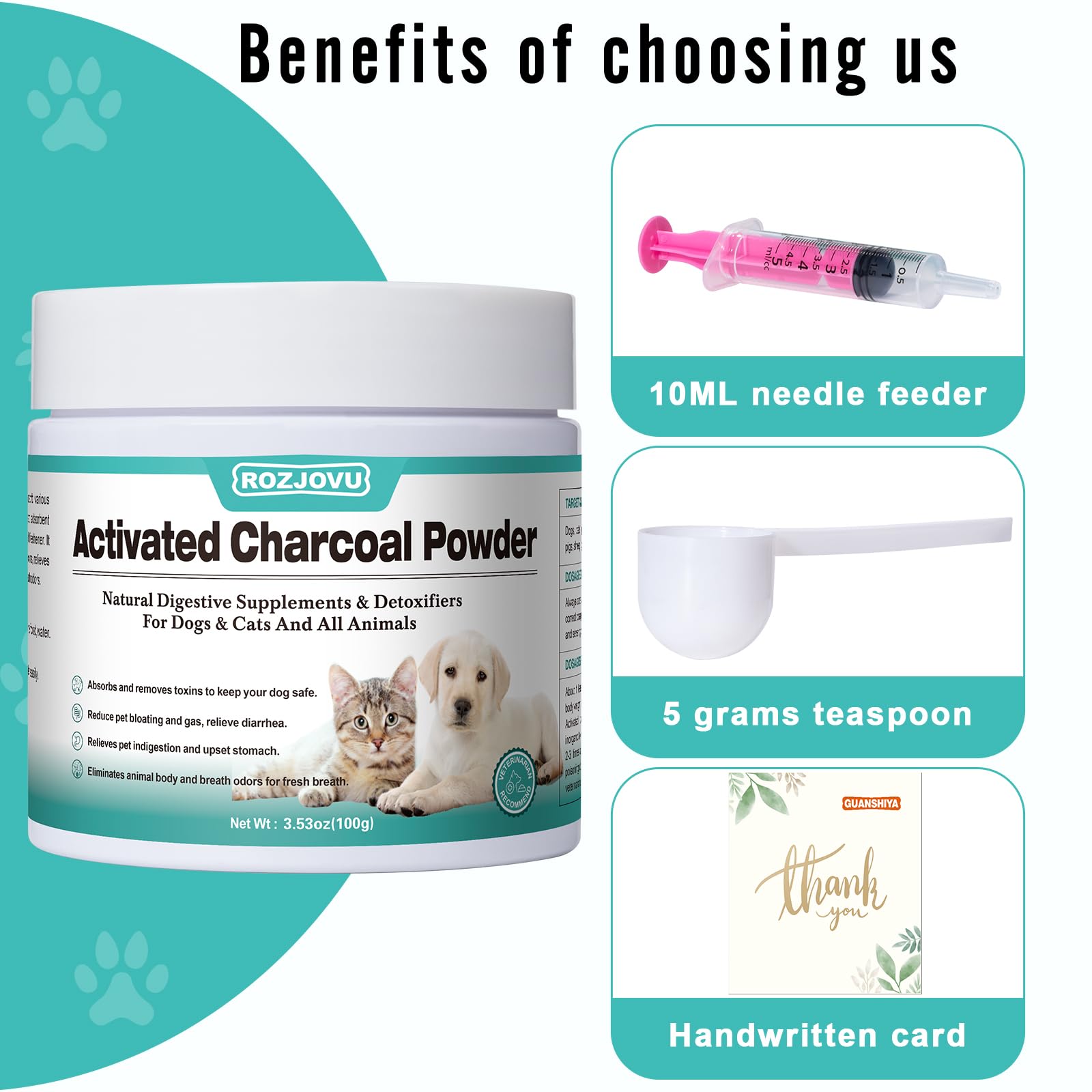 Activated Charcoal for Dogs, Cats, and All Pets, Charcoal for Dogs Poisoning, Digestive Health, Gas & Liver Support, Non-GMO, Gluten Free,3.53oz(Powder)