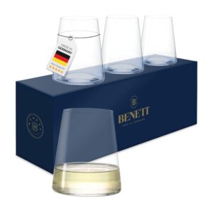 BENETI German Made Stemless Wine Glasses set 4 | Premium 17oz Stemless Wine Glass | Crystal Glass Cups For Red & White Wine, Modern Durable Drinking Glasses, Gift Idea for Men or Women