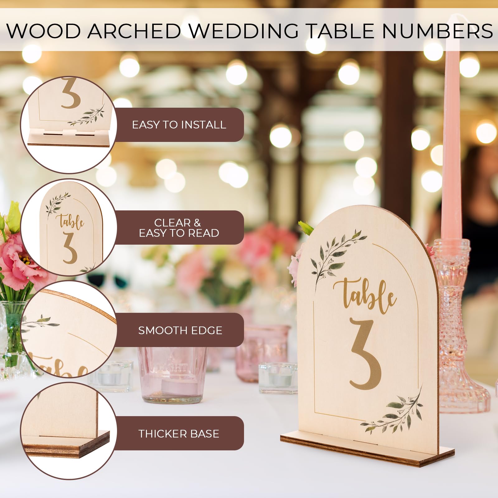 Giftormous Table Numbers for Wedding Reception - 5x7 Inch Double-Sided Arch Wedding Table Number Sign 1-15, with Wooden Base for Party Table Centerpiece Decoration