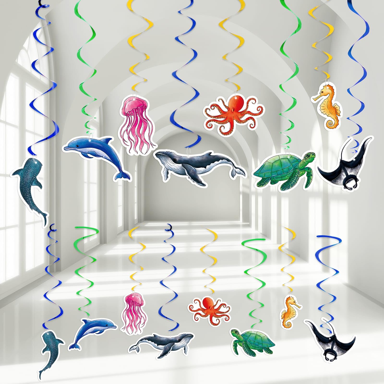 WERNNSAI 24 Pcs Ocean Party Hanging Swirls - Ocean Theme Party Decorations Sea Animals Ceiling Streamers Decor for Boys Kids Summer Under The Sea Baby Shower Birthday Party Supplies Wall Window Decors