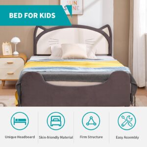 MUZZ Twin Kid Bed Frame,Velvet Bed Frame with Cat Ears Headboard, Upholstered Kids Bed Platform with Sturdy Slats Support，No Box Spring Needed，Bedroom Use（Twin/Cat）