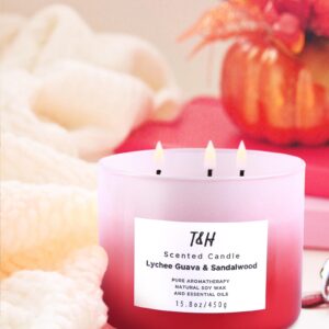 Lychee Guava Sandalwood Candle | Large 3-Wick Highly Scented Candle for Home | Natural Soy Candle 15.8 oz | Sweet & Refreshing Luxury Fragrance Candle | Relaxing Aromatherapy Candle for Women & Men