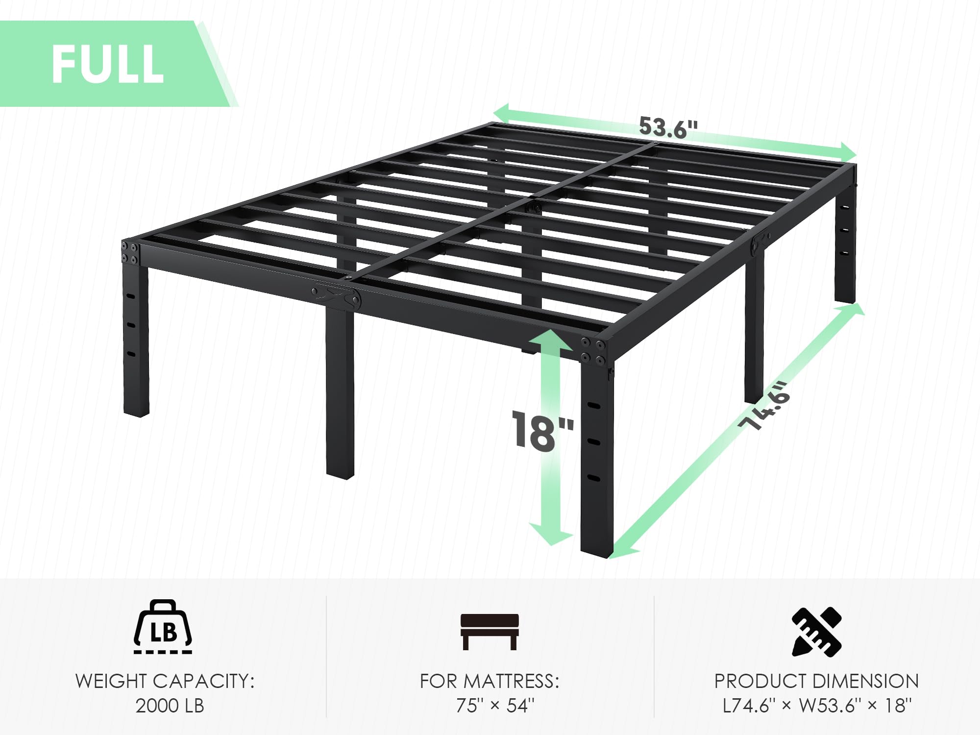 QEROMY Full Size Bed Frame - 18 in Sturdy Platform Bed Frame Full, Heavy Duty Metal Bed Frame No Box Spring Needed, Quick & Easy Assembly, No Noise, Black