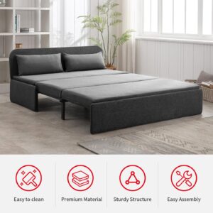 PUREMIND Queen Size Pull Out Sofa Bed, Linen Convertible Sleeper Sofa with Foldable Mattress, Loveseat Pullout Couch Bed with 2 Cushion for Small Place, Apartment, Office - Dark Gray