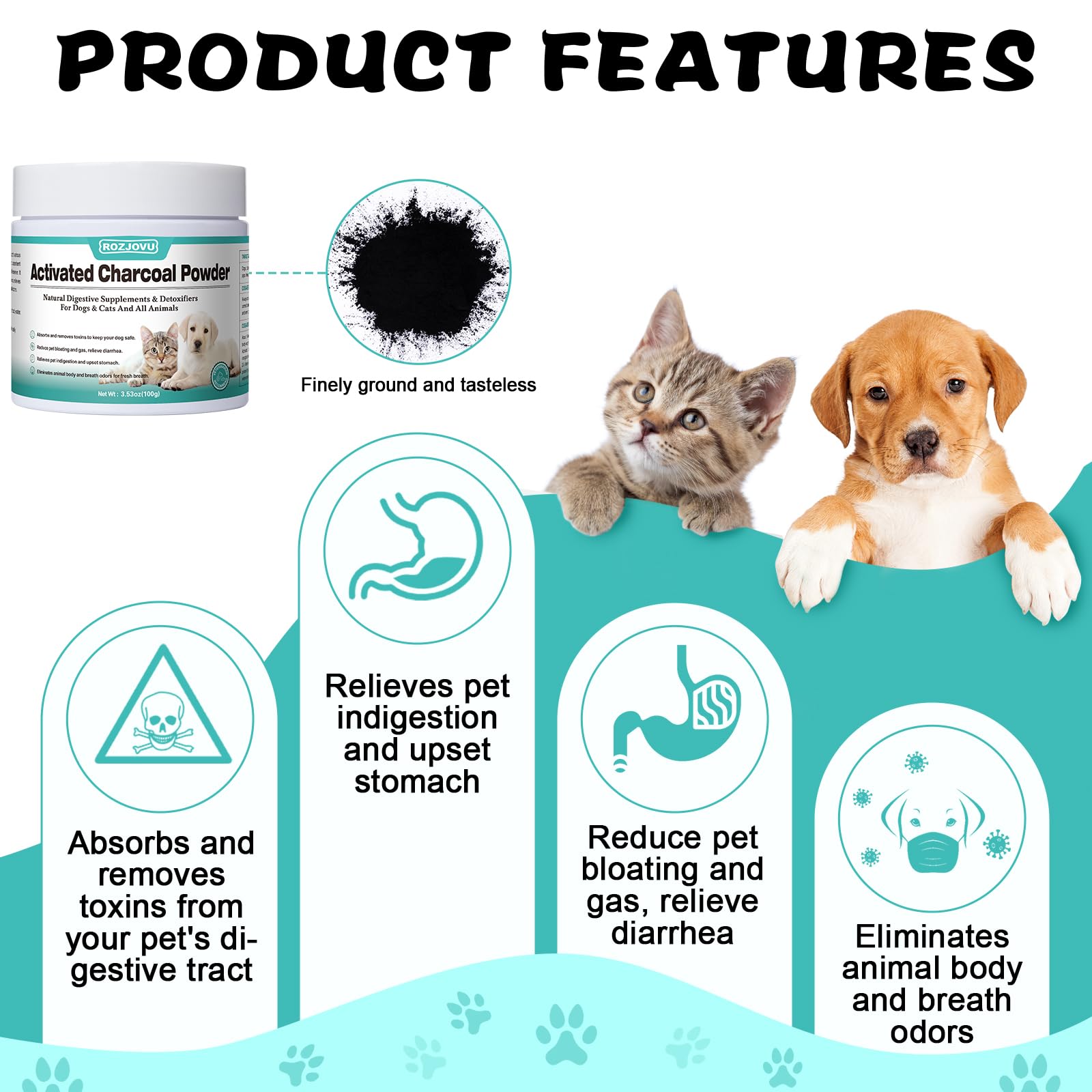 Activated Charcoal for Dogs, Cats, and All Pets, Charcoal for Dogs Poisoning, Digestive Health, Gas & Liver Support, Non-GMO, Gluten Free,3.53oz(Powder)