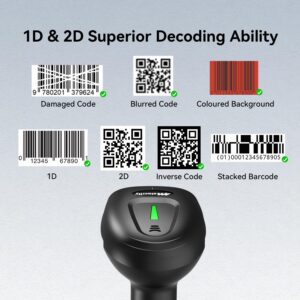 Alacrity 2D 1D Wireless Barcode Scanner with Stand, 3-in-1 Connectivity Bluetooth 2.4G Wireless USB Wired, Barcode Reader with Hands-Free Mode and Vibration Alert, Green