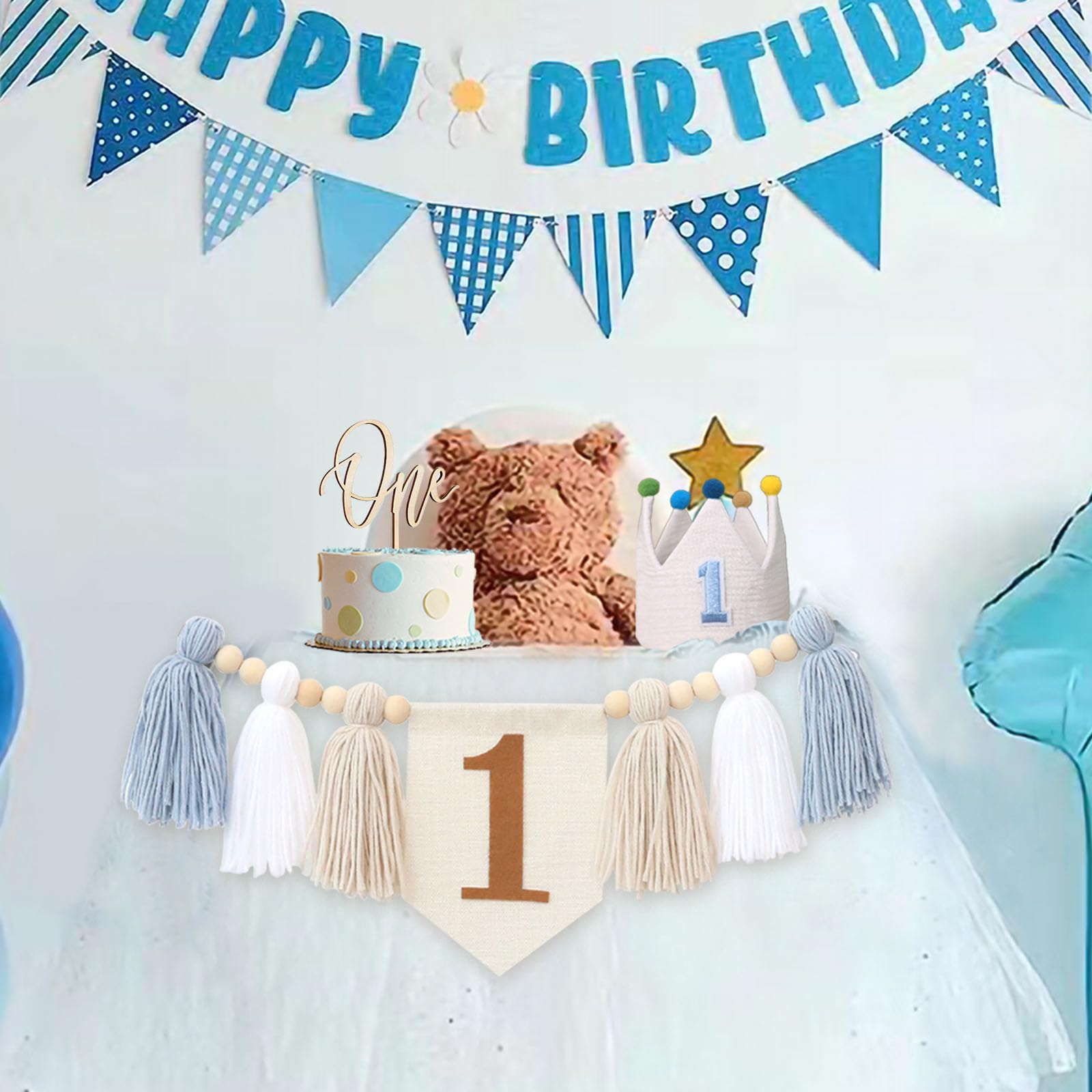 Baby Boy First Birthday Party Decorations Blue High Chair Banner 1st Birthday Crown Cake Topper 1st Birthday Decor