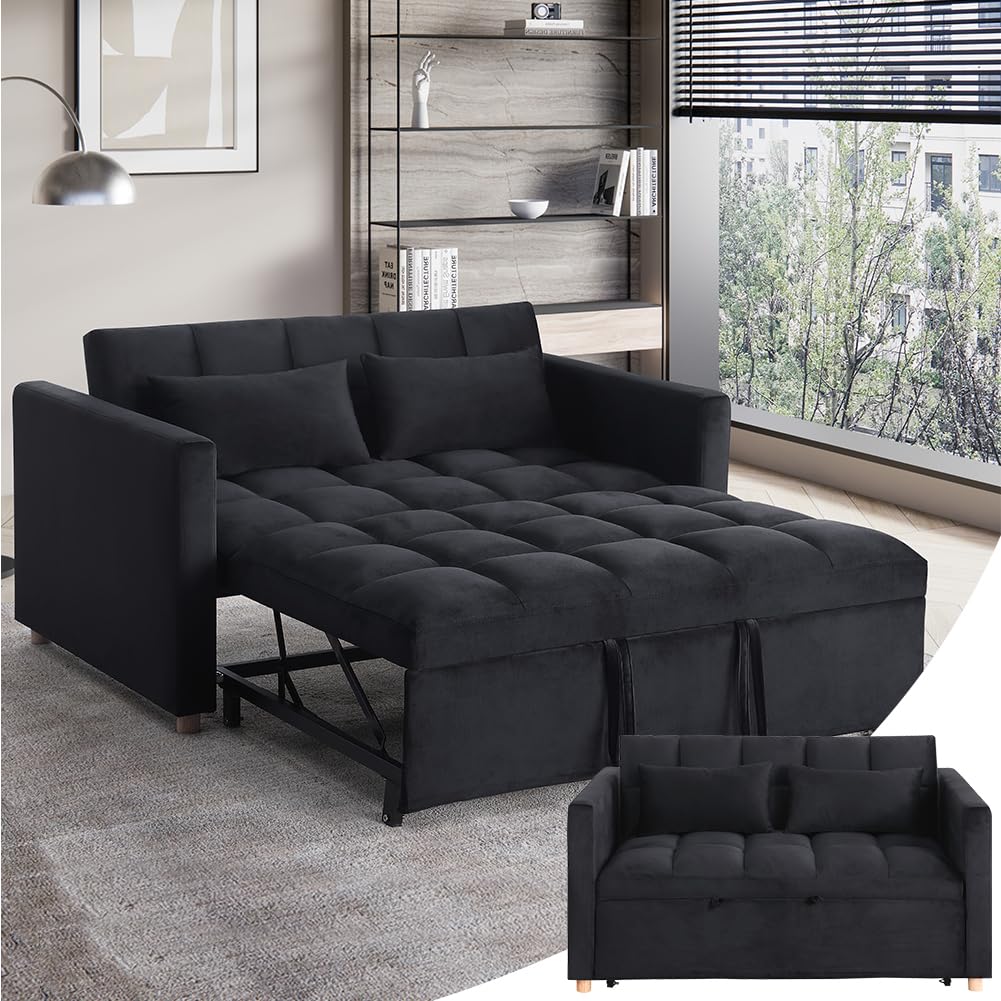 Otnqu Convertible Sofa Bed - 3 in 1 Loveseat Sleeper Sofa,Pull Out Sleeper Bed with Adjustable Backrest,Multi-Functiona Lounge Chair with Velvet Fabric for Living Room(Black)