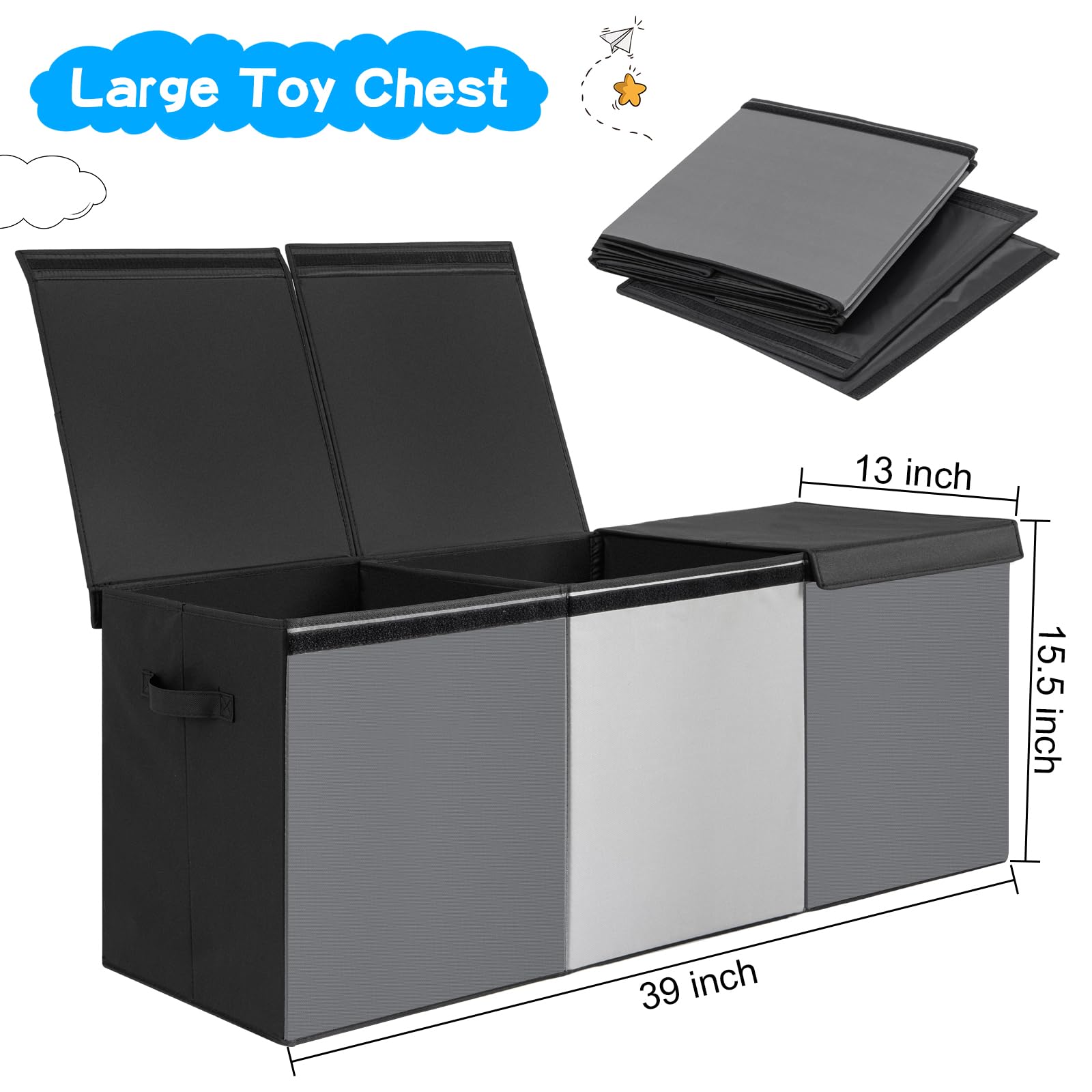 Large Toy Box Chest with Lid, Oxford Collapsible Sturdy Toy Storage Boxes Bins Baskets for Boys, Girls, Closet, Playroom, Nursery Room, 39"x15.5"x13" (Light Black & Light Grey)