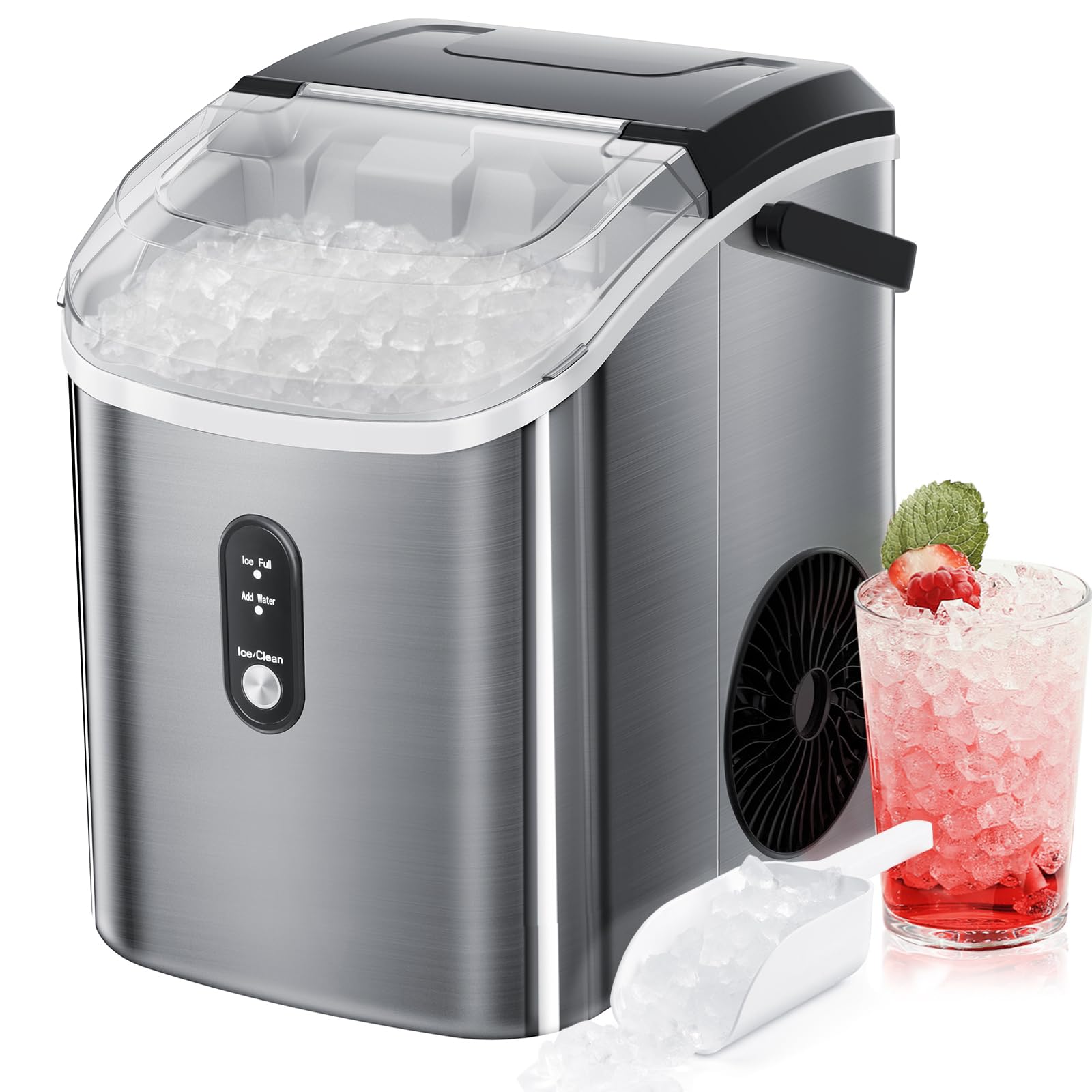 Nugget Countertop Ice Maker with Chewable Pellet Ice, Antarctic Star Portable Ice Machine Pebble Ice with Self-Cleaning, 34Lbs/24H, One Button Operation, for Kitchen, Home Stainless Steel Black