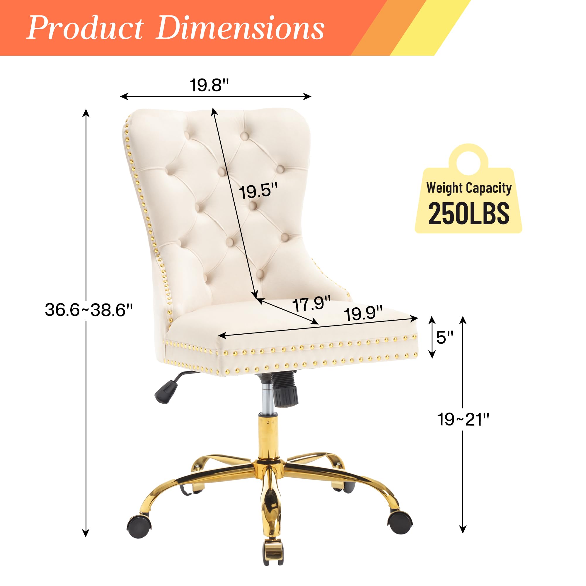 KCC Velvet Home Office Chair with Gold Metal Base & Nailhead Trim, Modern Swivel Upholstered Tufted Task Chair, Adjustable Wingback Armless Desk Chair for Living Room/Bedroom(Beige)