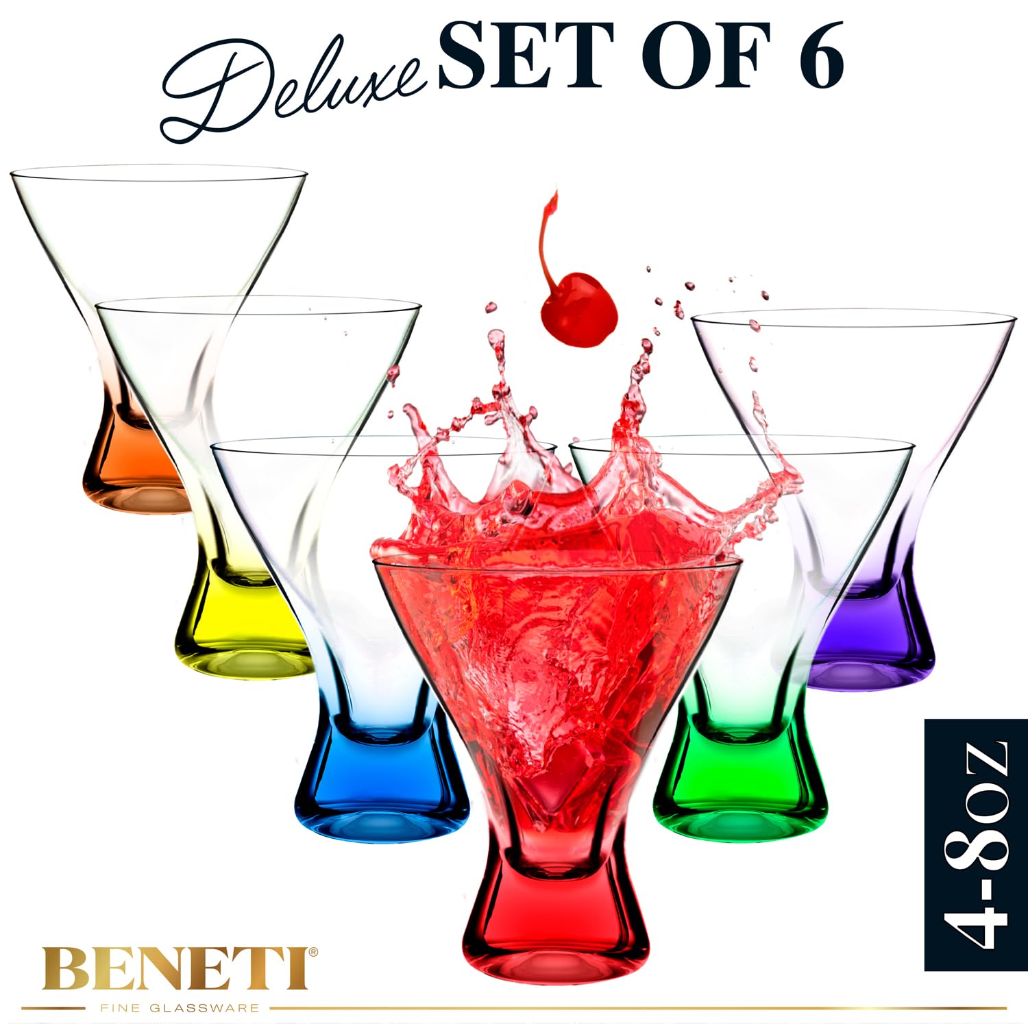 Beneti Martini Glasses | Made In Europe | Stemless Cocktail Bar Drinking Glassware Set for Parties (6 Pack - 8 oz - Multi Colored)