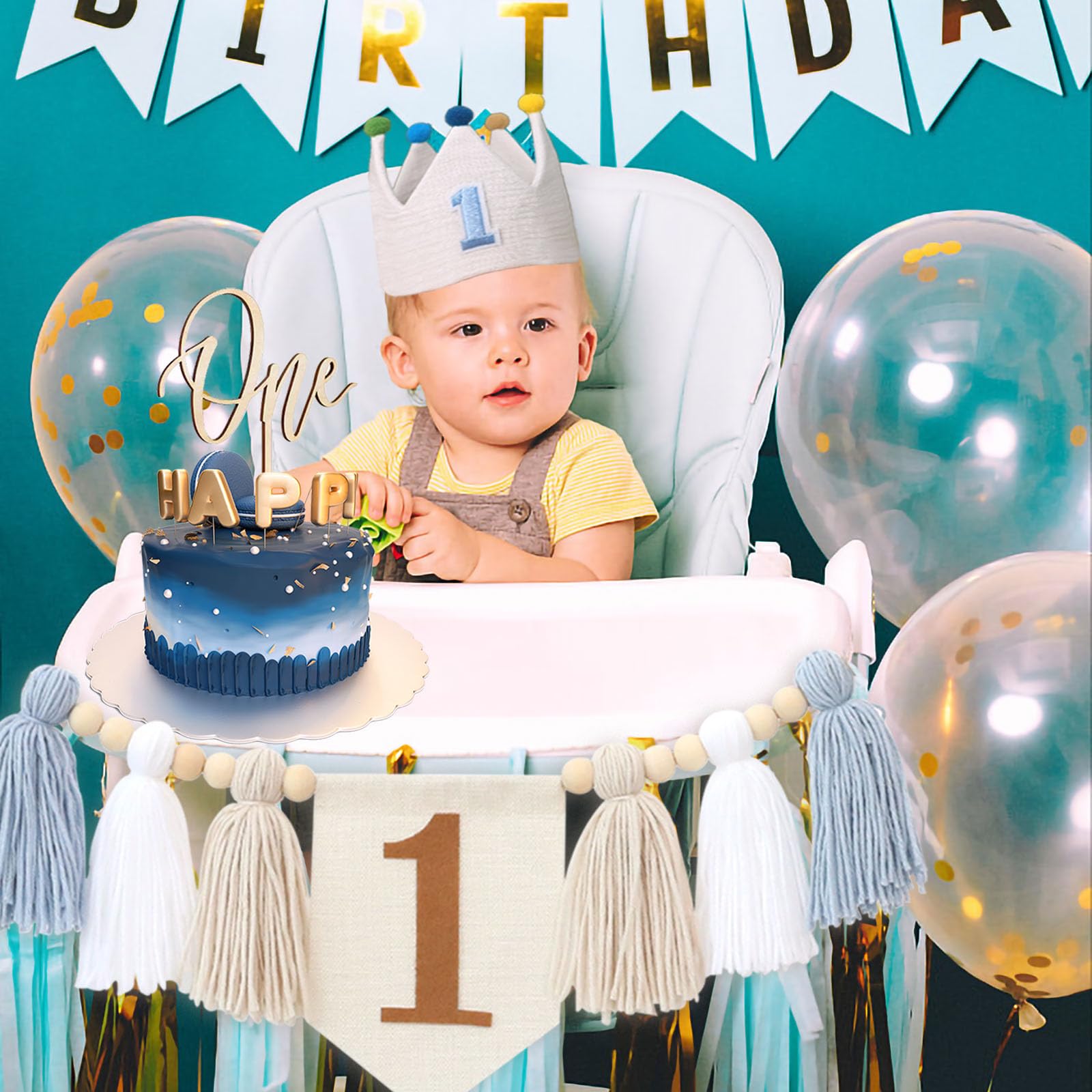 Baby Boy First Birthday Party Decorations Blue High Chair Banner 1st Birthday Crown Cake Topper 1st Birthday Decor