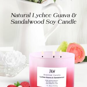 Lychee Guava Sandalwood Candle | Large 3-Wick Highly Scented Candle for Home | Natural Soy Candle 15.8 oz | Sweet & Refreshing Luxury Fragrance Candle | Relaxing Aromatherapy Candle for Women & Men