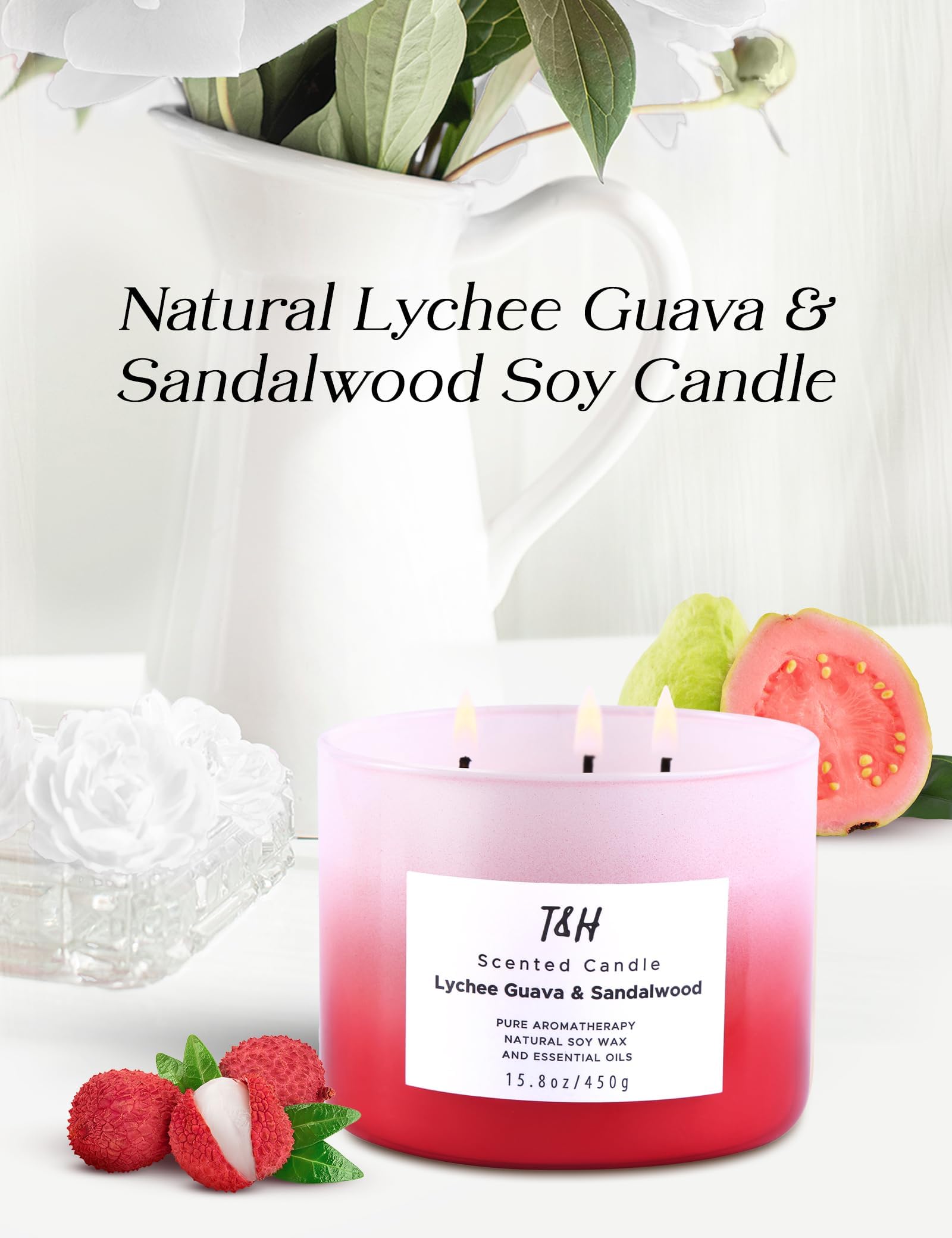 Lychee Guava Sandalwood Candle | Large 3-Wick Highly Scented Candle for Home | Natural Soy Candle 15.8 oz | Sweet & Refreshing Luxury Fragrance Candle | Relaxing Aromatherapy Candle for Women & Men