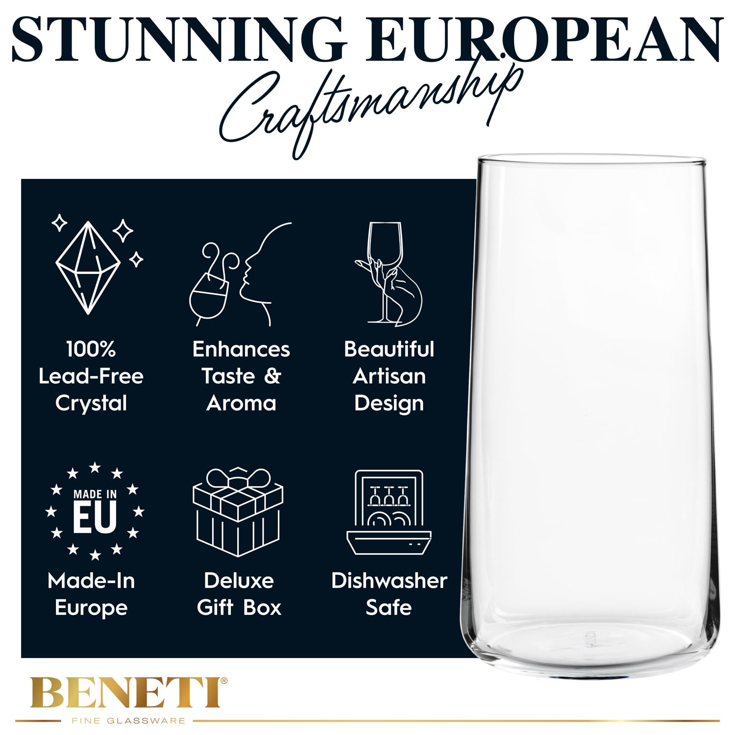 BENETI Modern Crystal Glass Cups, Tall Highball Drinking Glasses Set of 4 | Made in Europe | Water and Juice Kitchen Glassware (18 Onces)