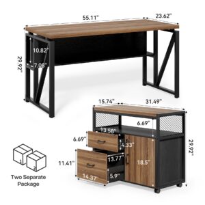 LITTLE TREE 55" Executive Computer Desk and Lateral File Cabinet, L-Shaped Office Desk with Storage for Home Office, Study Writing Workstation, Walnut + Black