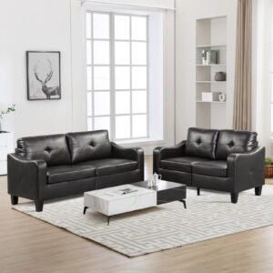 EBELLO Upholstered 3-seat Faux Leather Sofa Couch, Modern Loveseat Sofa, Wood Frame and Sturdy Legs for Living Room Bedroom Office, Black