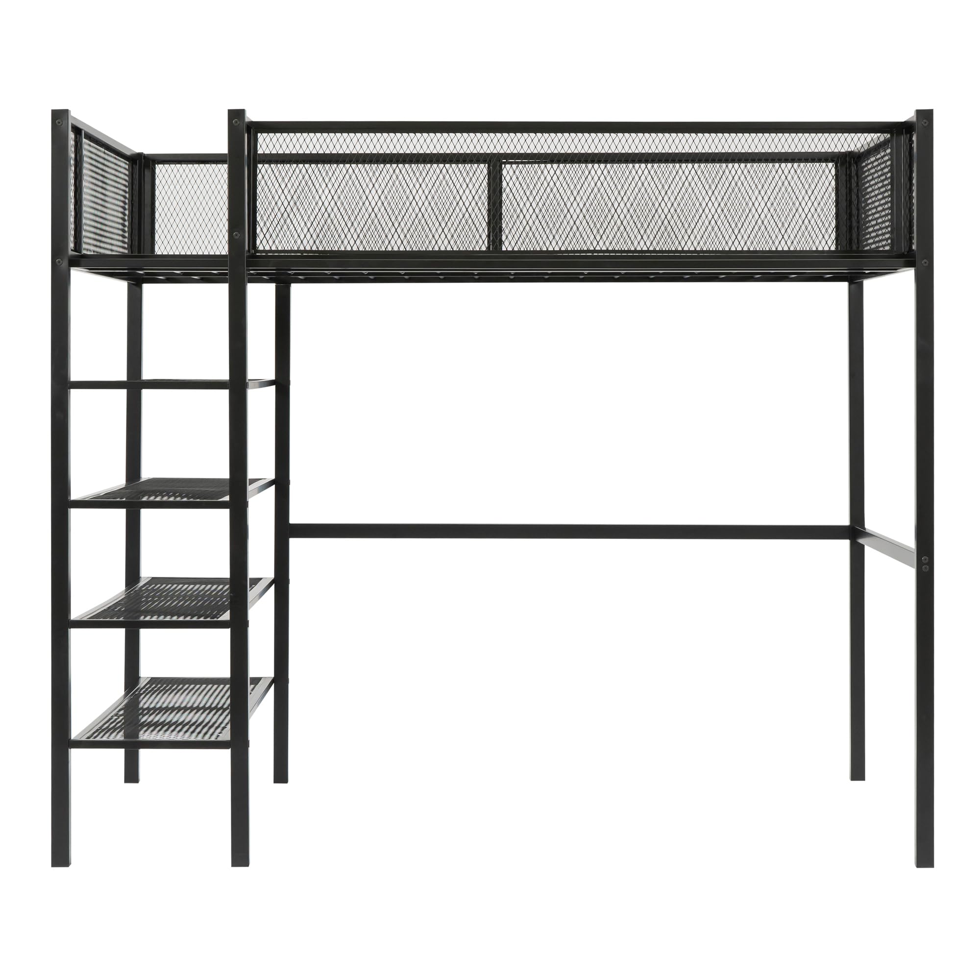 Bellemave Twin Size Metal Loft Bed with 4-Tier Shelves and Storage, Loft Bed with Bookshelf (Black)