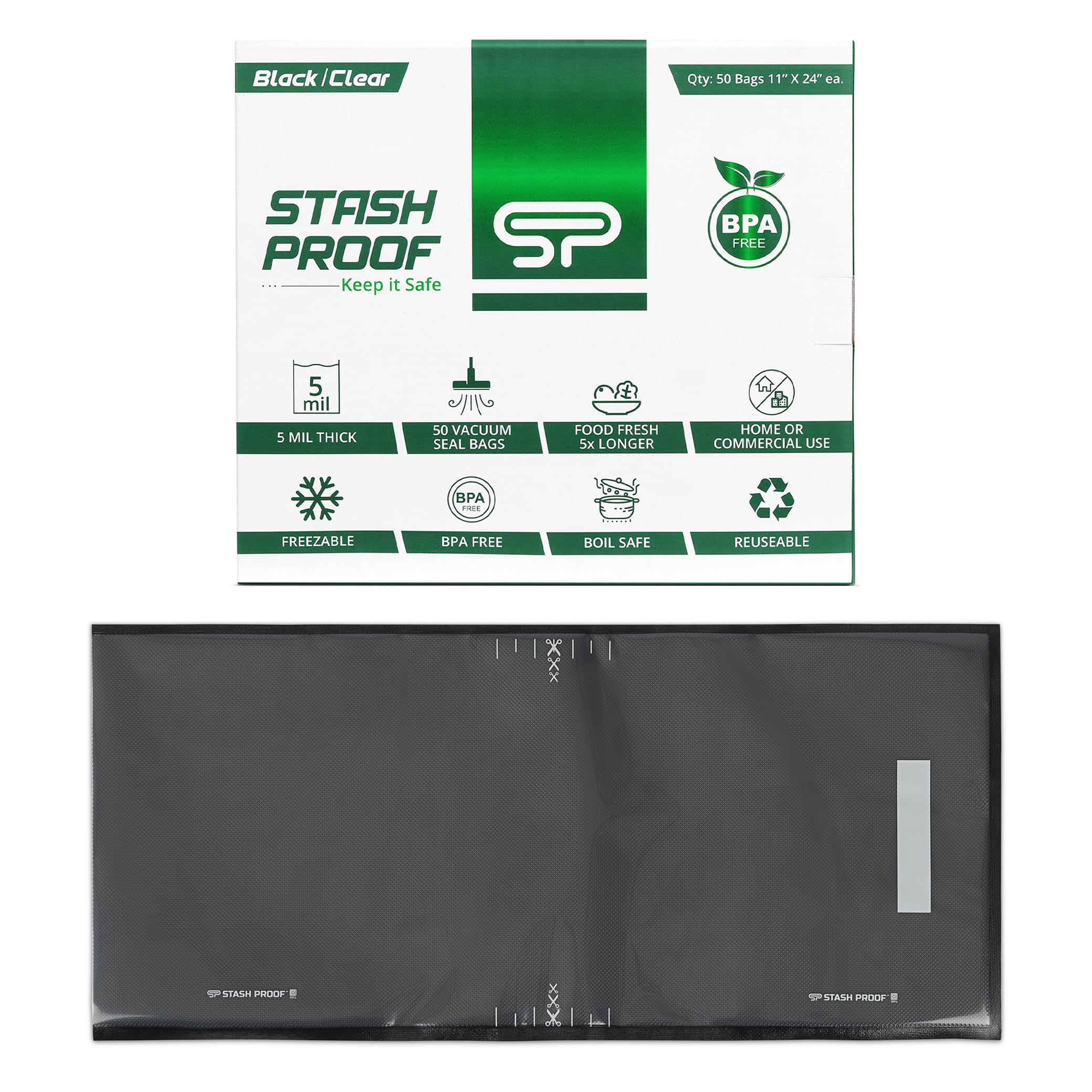 Stash Proof Vacuum Seal Bags 11" x 24" (50 Count) 5 Mil (Black and Clear) - BPA Free Commerical Grade Food Saver for Storage, Sous Vide, and Meal Prep Sealer Bag