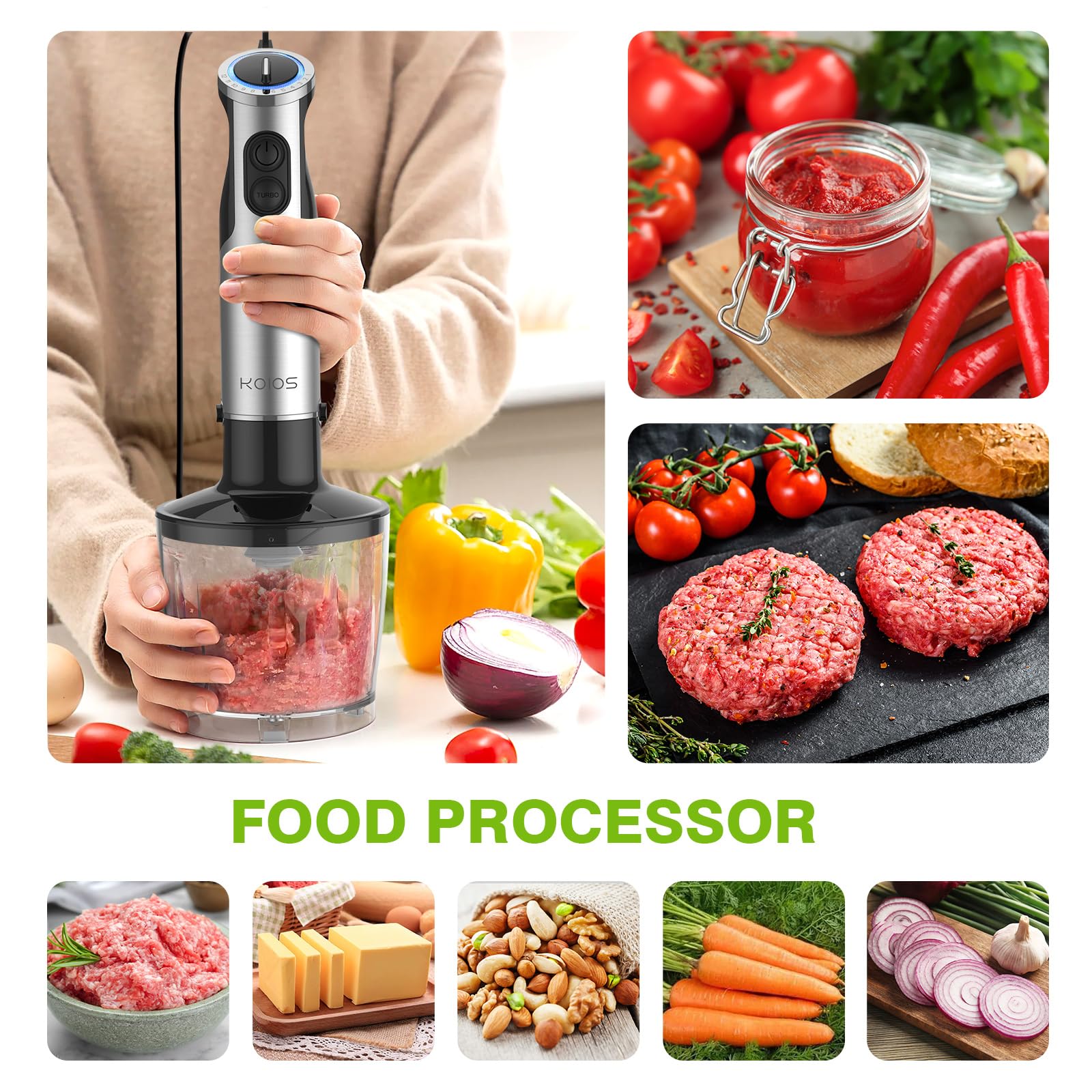 KOIOS Immersion Hand Blender, 5-in-1 Hand Blender with Entire Stainless Steel Blender Shaft, Full Copper Motor, Built in 12 Speed Turbo Stick Blender, Handheld blender for Baby food, Smoothies, Soups