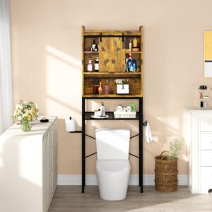 Lamerge Over The Toilet Storage Cabinet, Bathroom Toilet Rack with Barn Door, Freestanding Bathroom Organizer Over Toilet with Adjustable Shelf, Paper Hook, Space Saver Toilet Stands, Retro Brown