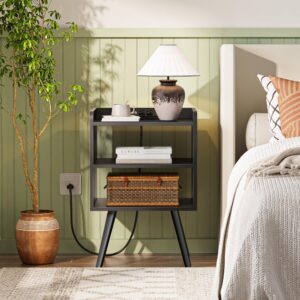 Huuger Night Stand with Charger Station, Black Nightstand, Bedside Table, 3 Tier End Table with Solid Wood Feet, Slanted Power Panel, Side Table with Storage for Bedroom