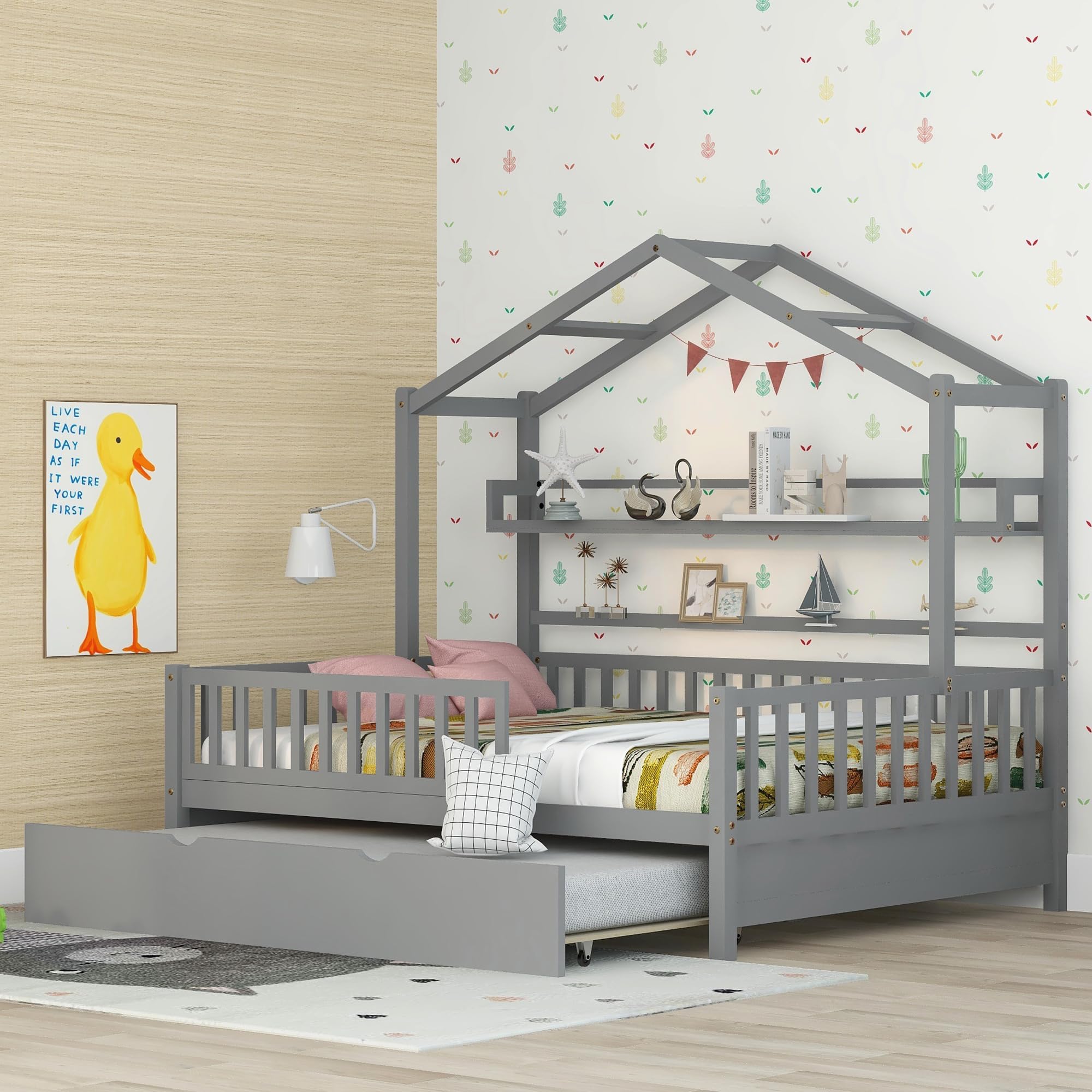 Bellemave Full Size House Bed with Trundle for Kids,Wooden Full Platform Bed Frame with Storage Shelves,Montessori Bed for Teens,Girls & Boys (Gray)