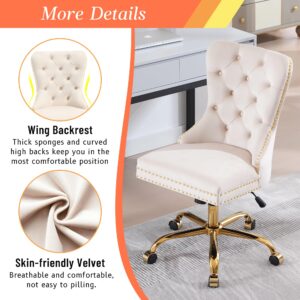 KCC Velvet Home Office Chair with Gold Metal Base & Nailhead Trim, Modern Swivel Upholstered Tufted Task Chair, Adjustable Wingback Armless Desk Chair for Living Room/Bedroom(Beige)