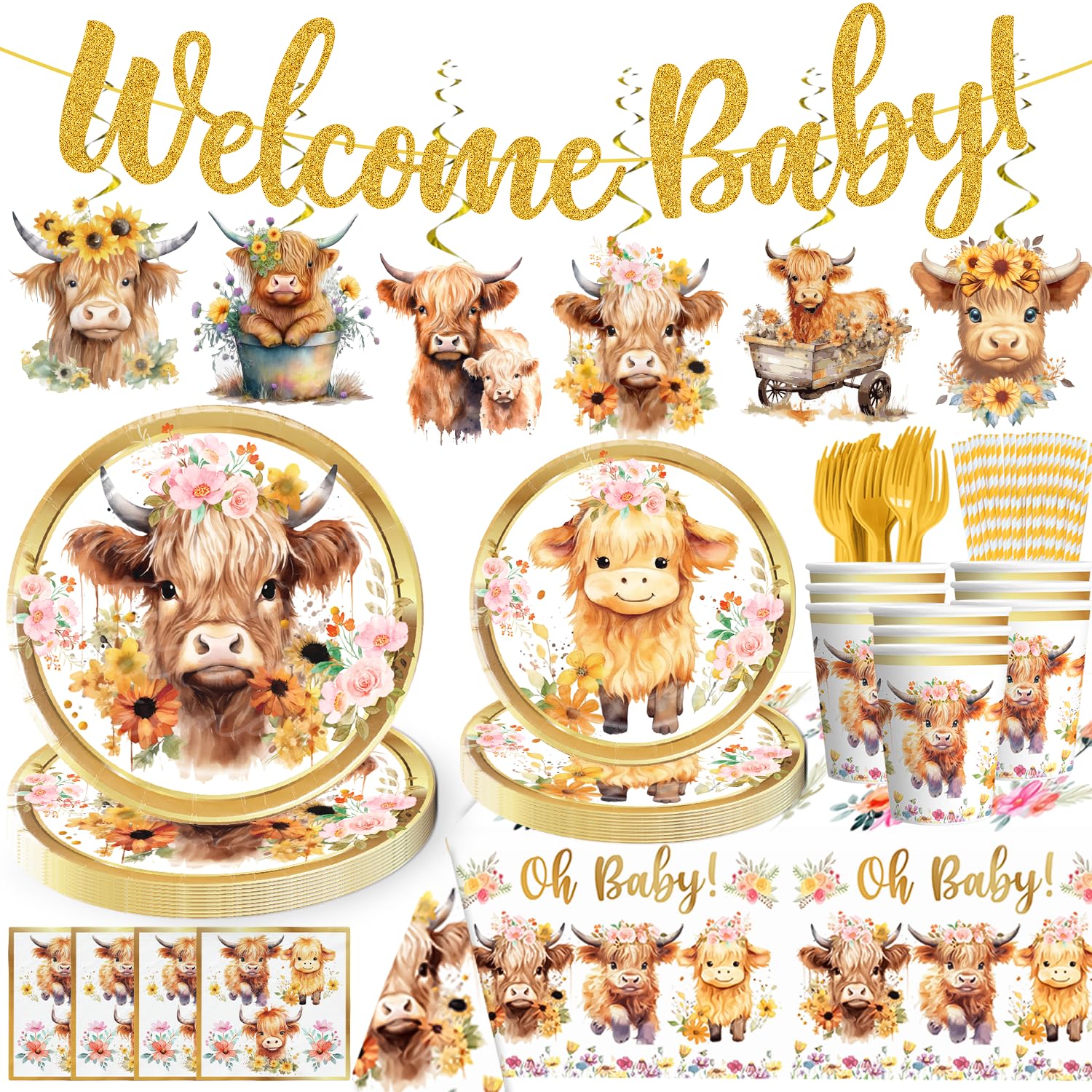 Yingoto 148pcs Brown Cow Baby Shower Decorations Tableware Set for 20 Guests, Cowboy Cowgirl Baby Shower includes Brown Cow glitter Banner Hanging Swirls Plates Napkins Cup Fork Straw and Tablecloth