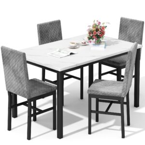 dklgg dining table set for 4 kitchen table and chairs set of 4 faux marble dining room table set dinner table with 4 velvet upholstered dining chairs for small space apartment (white & grey)