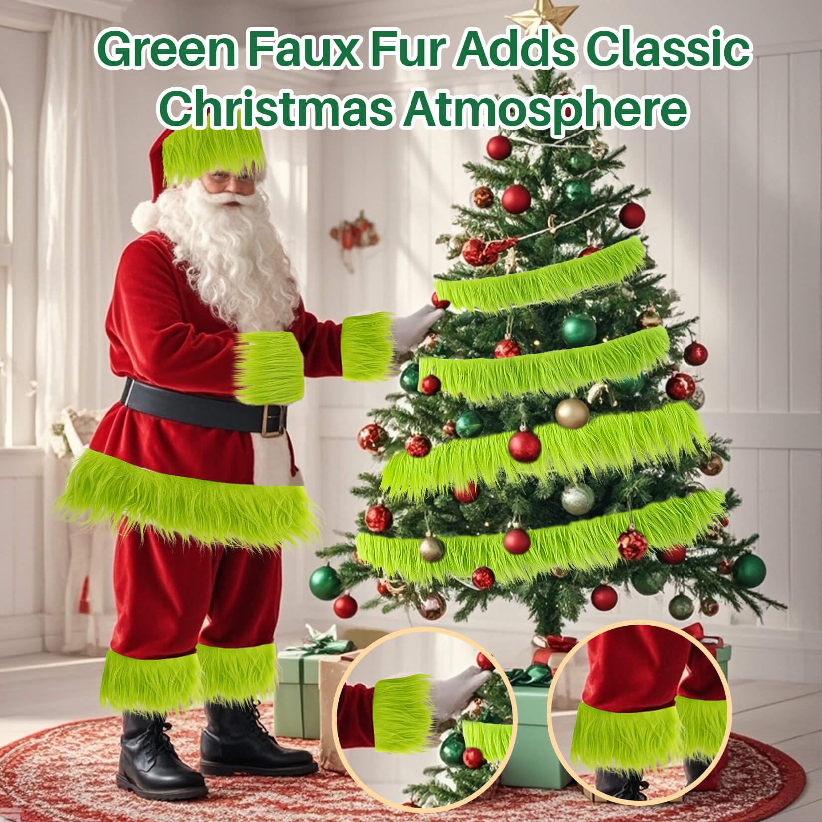 Sukh Shaggy Faux Fur Fabric - 2 x 60 inch Green Faux Fur Trim Precut Fabric Strips Soft Plush Fabric Fur Patches for Fuzzy Craft Christmas Tree Trim Gnome Beard Cosplay Costume, 2 Pack