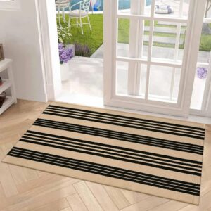 LEEVAN Outdoor Door Mat 2.3'x3.6', Washable Entryway Rug Reversible Indoor Outdoor Entrance Mat, Low Profile Black and Tan Striped Rug, Cotton Woven Porch Mat Non-Shedding Kitchen Foyer Rug