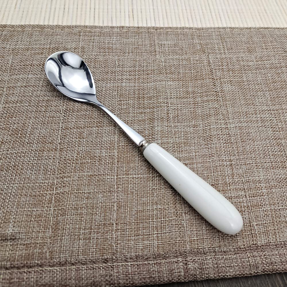 MEIYAHOME White Ceramic Handle Quality Dessert Coffee Spoon 18/10 Stainless Steel Fine Teaspoon Sugar Spoon sus304 5.6inch Stir Afternoon Tea Mixing Spoon (4 Pcs)